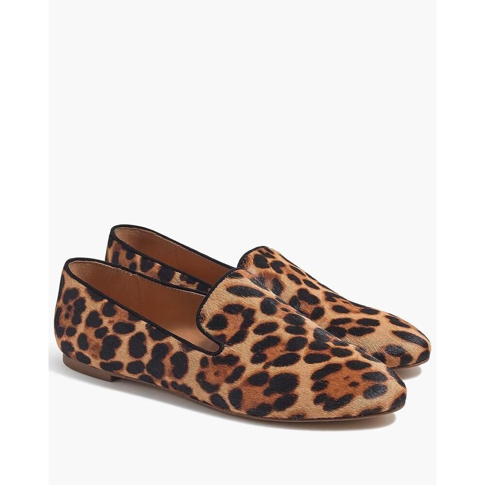 J.Crew Leopard Print Calf Hair Smoking Slipper Flats Almond Toe Loafers Size 7